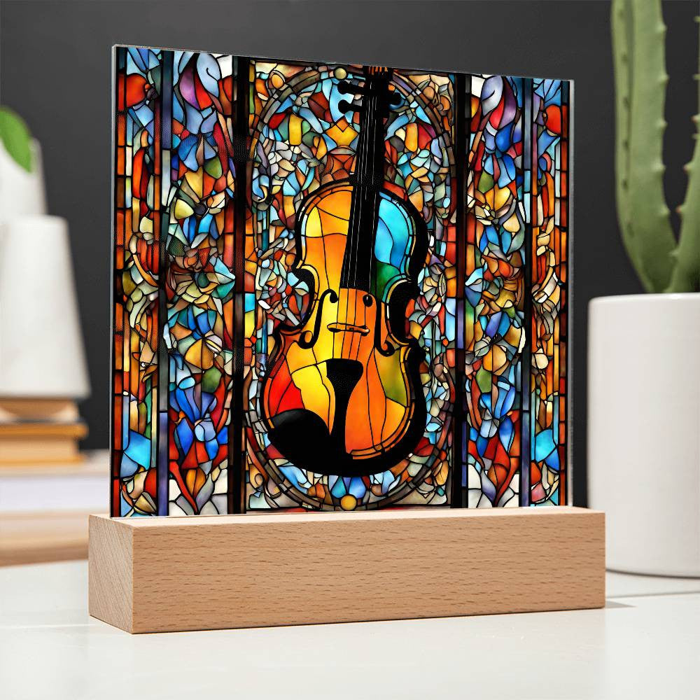 Musician Gift, Violin Gift, Faux Stained Glass Instrument, Musician Gifts for Birthday, Gift for Music Lovers. LED Lighted Photo Art-[product type]