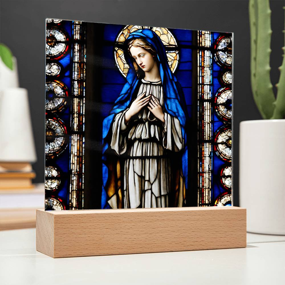 Faux Stained Glass Virgin Mary Acrylic Plaque, Virgin Mary Picture, LED Nightlight, Religious Gift, Home Decor, Catholic Gift, Square Plaque-[product type]