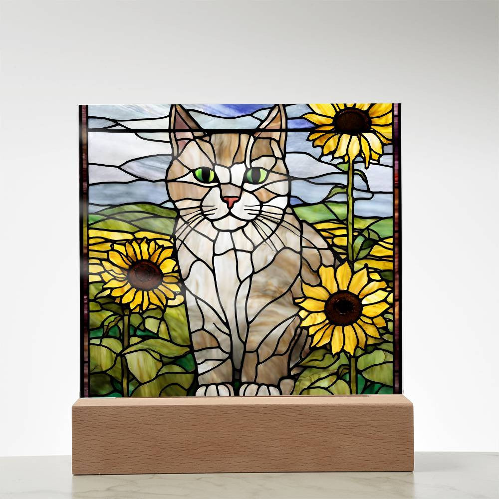 Cat Acrylic Plaque, Cat Lover Gift, Cat Gift, Cat Decor, Sunflowers, Home Decor, Nursery Light, Girls Room, Desk Plaque, Birthday Gift for Cat Mom-[product type]