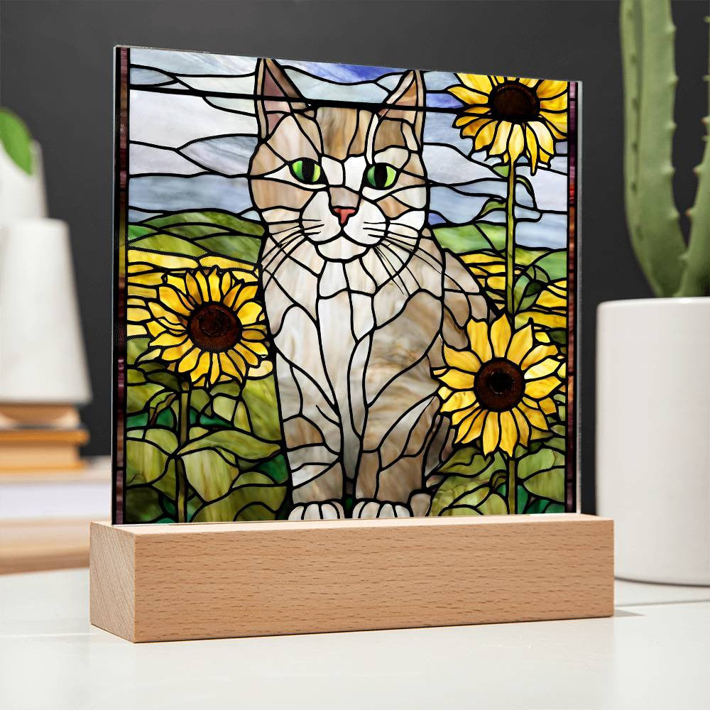 Cat Acrylic Plaque, Cat Lover Gift, Cat Gift, Cat Decor, Sunflowers, Home Decor, Nursery Light, Girls Room, Desk Plaque, Birthday Gift for Cat Mom-[product type]