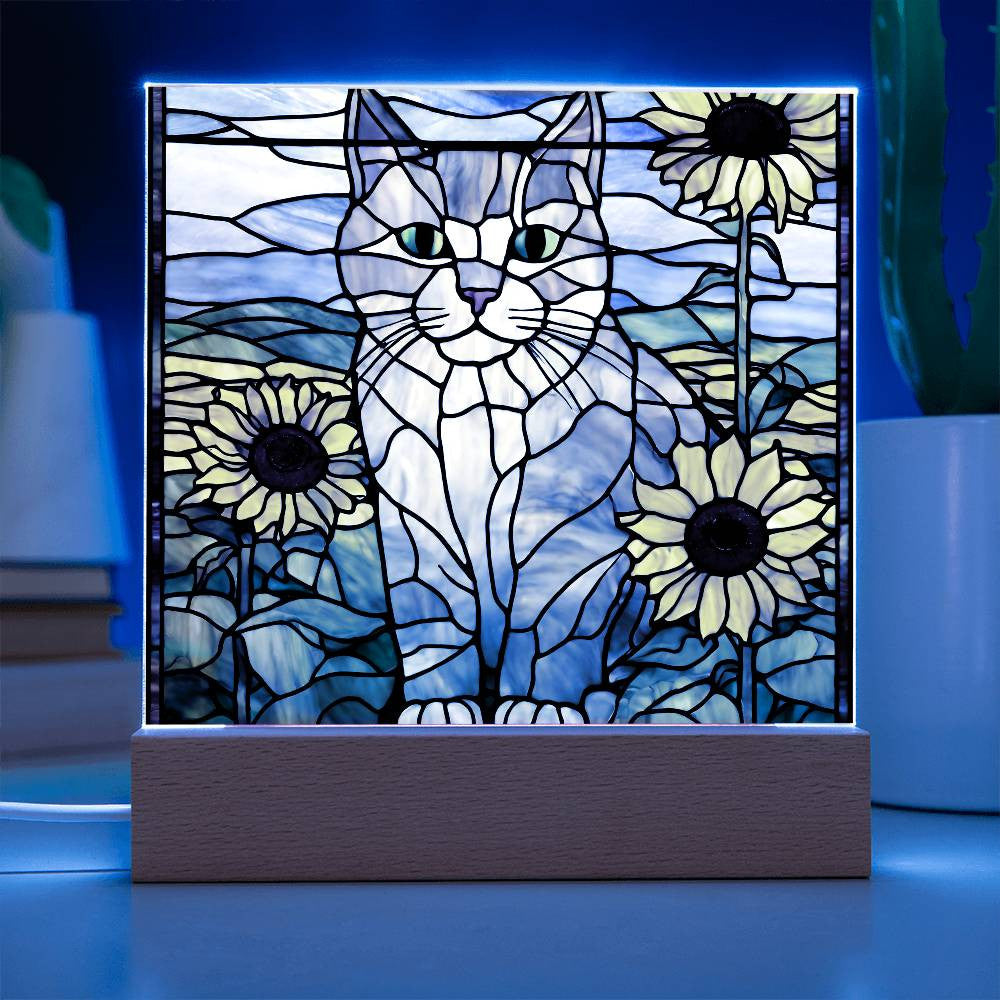 Cat Acrylic Plaque, Cat Lover Gift, Cat Gift, Cat Decor, Sunflowers, Home Decor, Nursery Light, Girls Room, Desk Plaque, Birthday Gift for Cat Mom-[product type]