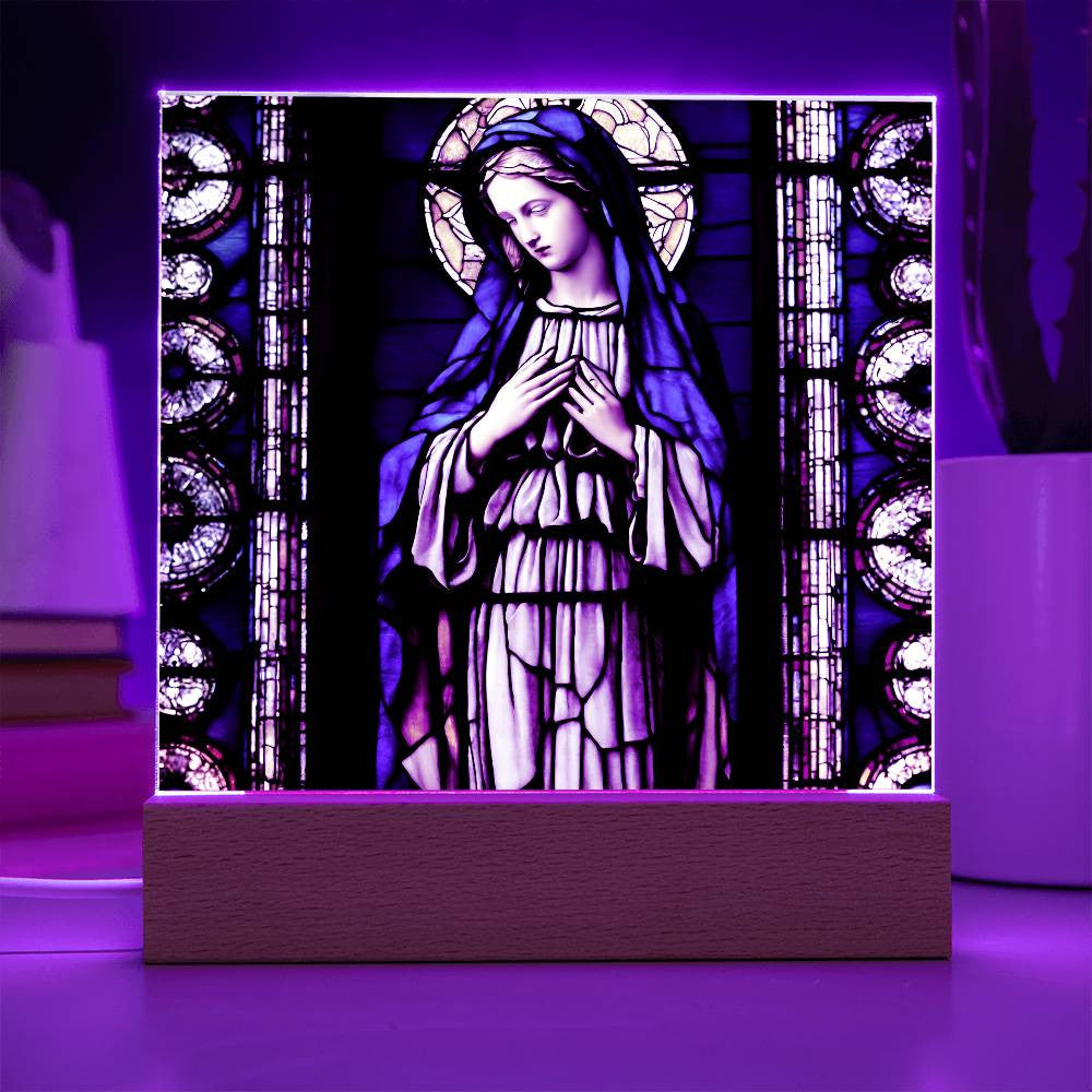 Faux Stained Glass Virgin Mary Acrylic Plaque, Virgin Mary Picture, LED Nightlight, Religious Gift, Home Decor, Catholic Gift, Square Plaque-[product type]