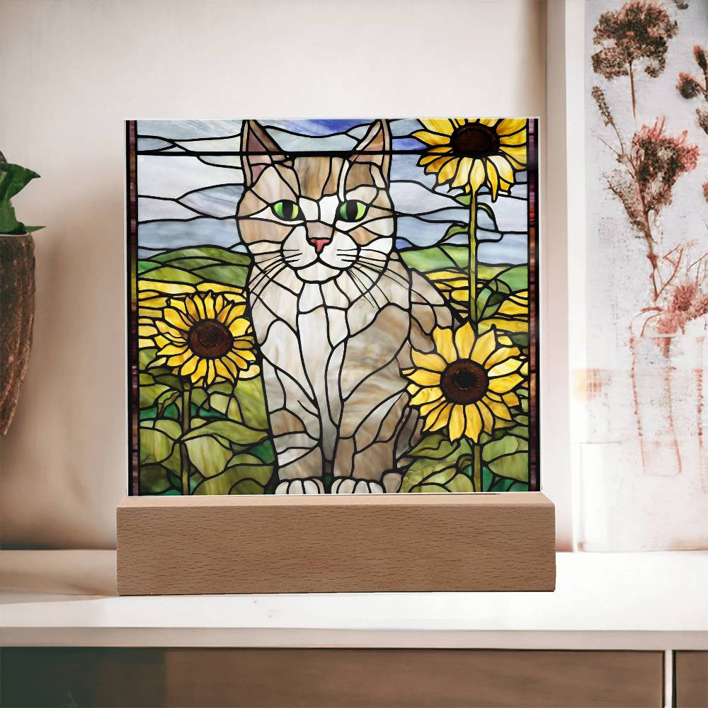 Cat Acrylic Plaque, Cat Lover Gift, Cat Gift, Cat Decor, Sunflowers, Home Decor, Nursery Light, Girls Room, Desk Plaque, Birthday Gift for Cat Mom-[product type]