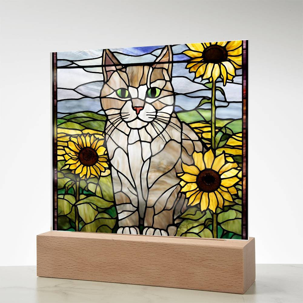 Cat Acrylic Plaque, Cat Lover Gift, Cat Gift, Cat Decor, Sunflowers, Home Decor, Nursery Light, Girls Room, Desk Plaque, Birthday Gift for Cat Mom-[product type]