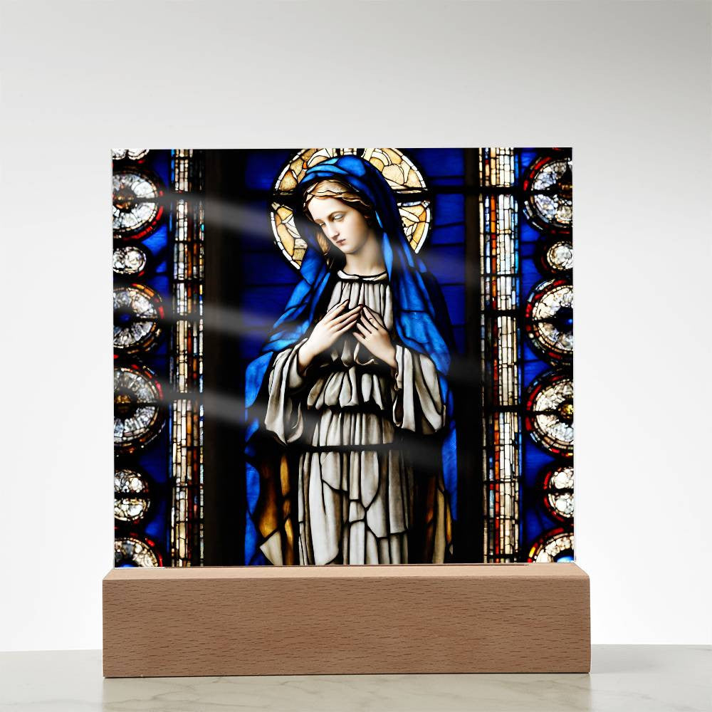 Faux Stained Glass Virgin Mary Acrylic Plaque, Virgin Mary Picture, LED Nightlight, Religious Gift, Home Decor, Catholic Gift, Square Plaque-[product type]