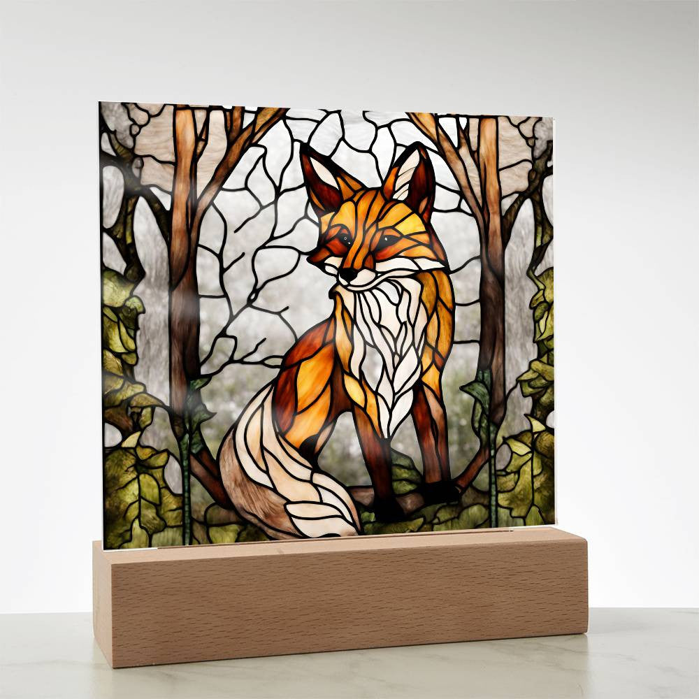 Acrylic Square Fox In The Woods Faux Stained Glass Acrylic Plaque Gift For Animal Lover Decoration For House LED Fox Nightlight Gift For Birthday Gifts-[product type]