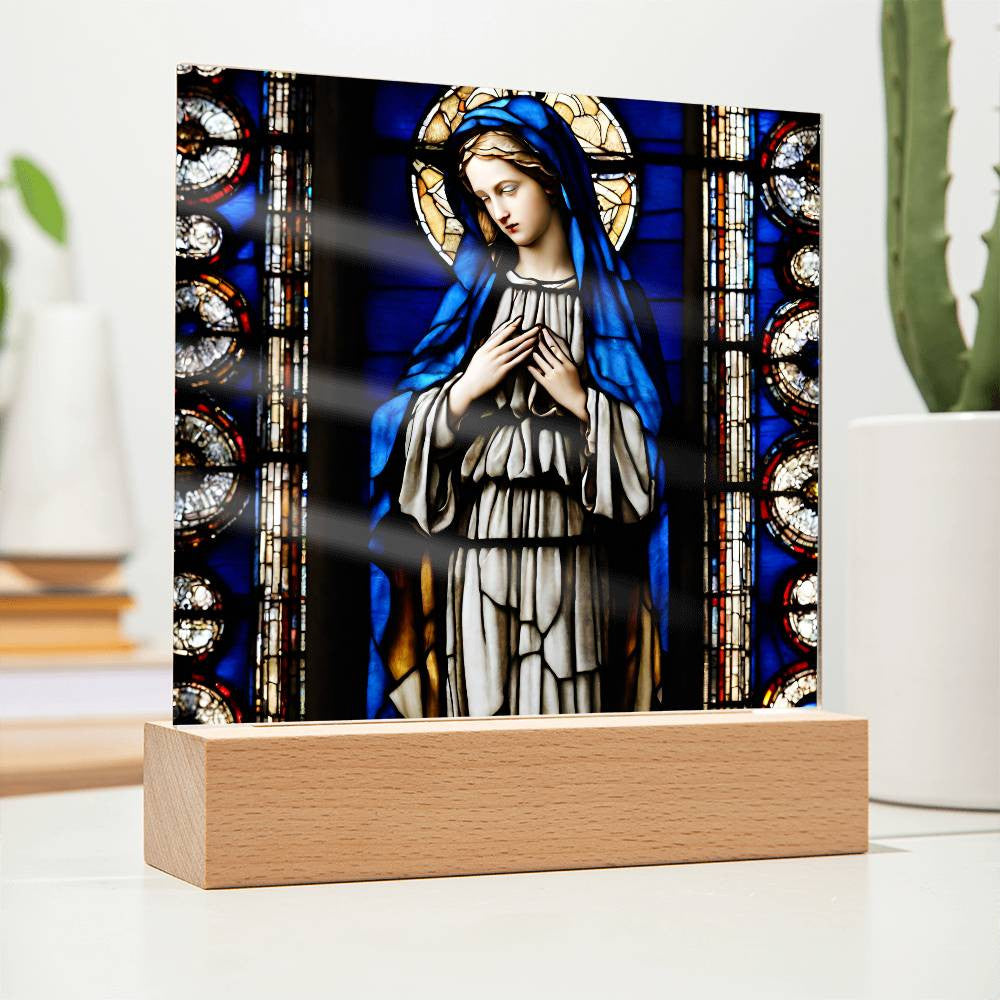 Faux Stained Glass Virgin Mary Acrylic Plaque, Virgin Mary Picture, LED Nightlight, Religious Gift, Home Decor, Catholic Gift, Square Plaque-[product type]