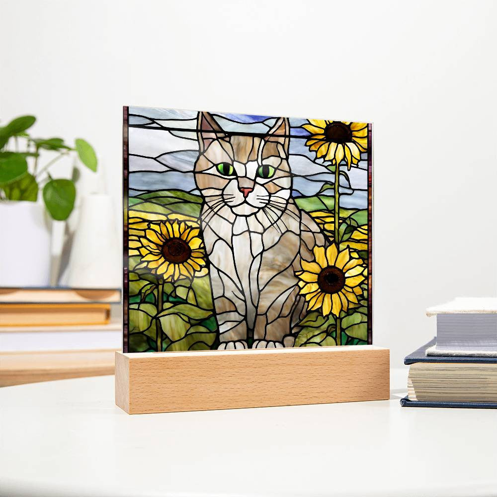 Cat Acrylic Plaque, Cat Lover Gift, Cat Gift, Cat Decor, Sunflowers, Home Decor, Nursery Light, Girls Room, Desk Plaque, Birthday Gift for Cat Mom-[product type]