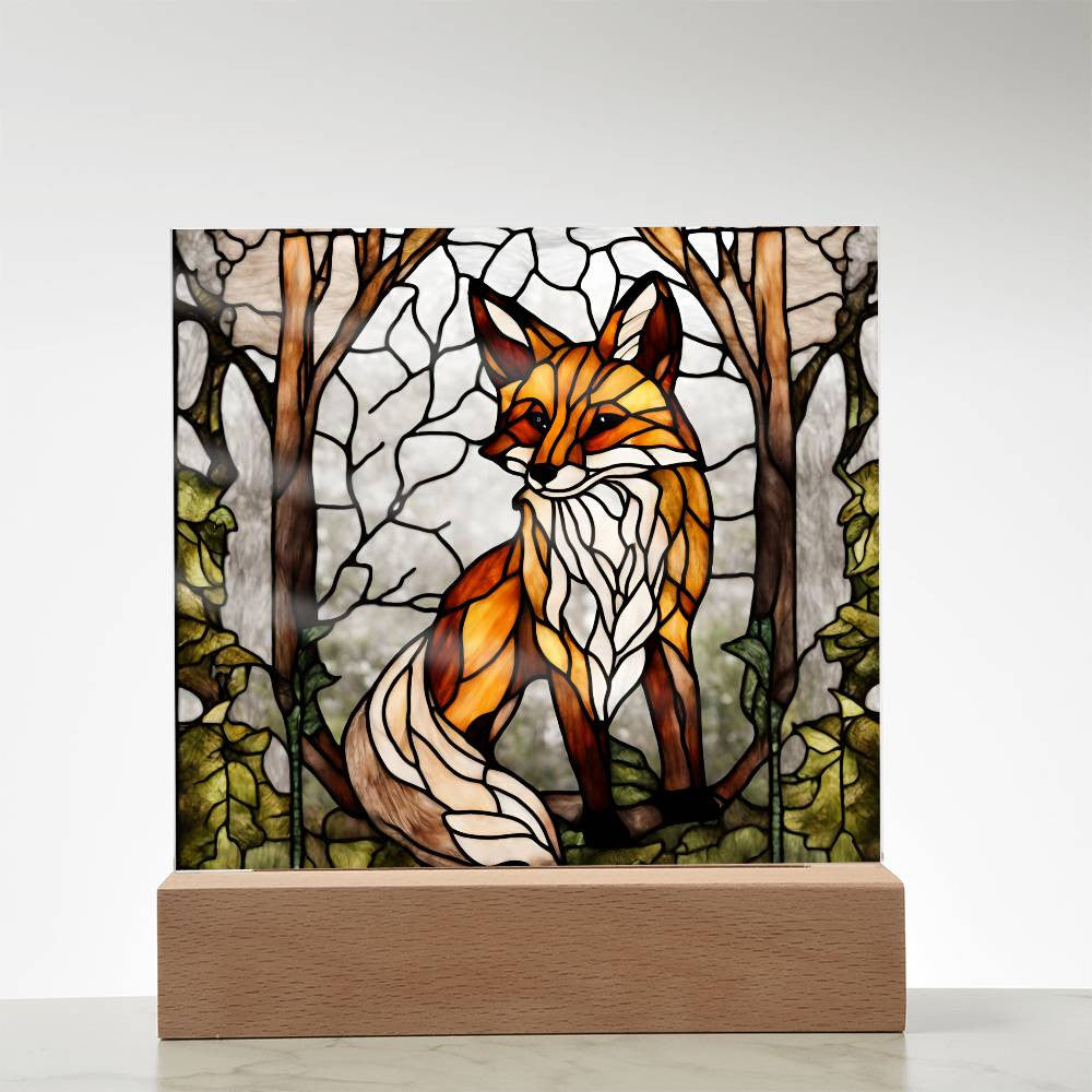 Acrylic Square Fox In The Woods Faux Stained Glass Acrylic Plaque Gift For Animal Lover Decoration For House LED Fox Nightlight Gift For Birthday Gifts-[product type]