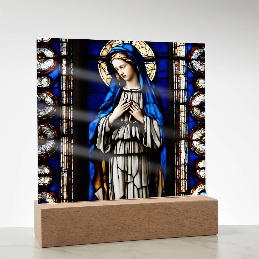 Faux Stained Glass Virgin Mary Acrylic Plaque, Virgin Mary Picture, LED Nightlight, Religious Gift, Home Decor, Catholic Gift, Square Plaque-[product type]