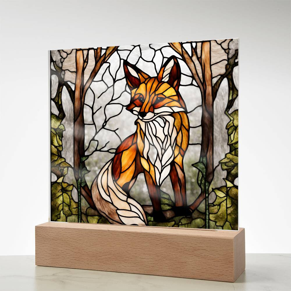 Acrylic Square Fox In The Woods Faux Stained Glass Acrylic Plaque Gift For Animal Lover Decoration For House LED Fox Nightlight Gift For Birthday Gifts-[product type]