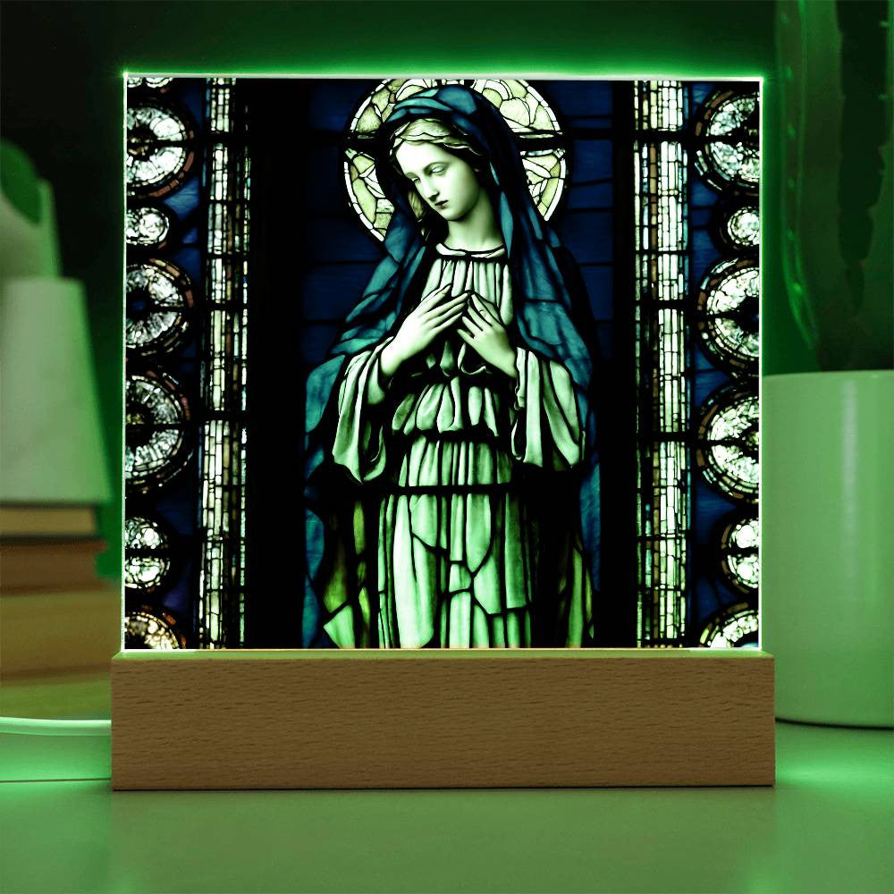 Faux Stained Glass Virgin Mary Acrylic Plaque, Virgin Mary Picture, LED Nightlight, Religious Gift, Home Decor, Catholic Gift, Square Plaque-[product type]