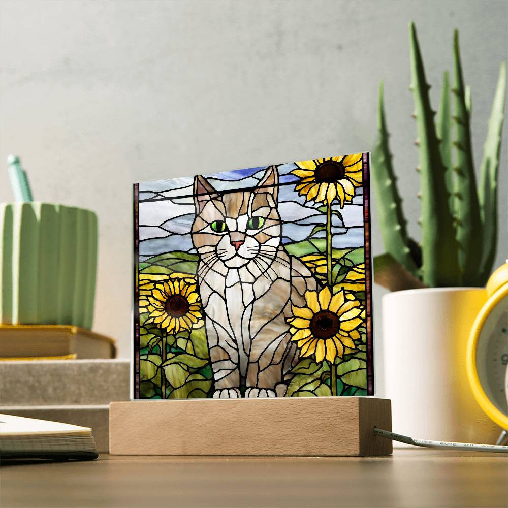 Cat Acrylic Plaque, Cat Lover Gift, Cat Gift, Cat Decor, Sunflowers, Home Decor, Nursery Light, Girls Room, Desk Plaque, Birthday Gift for Cat Mom-[product type]