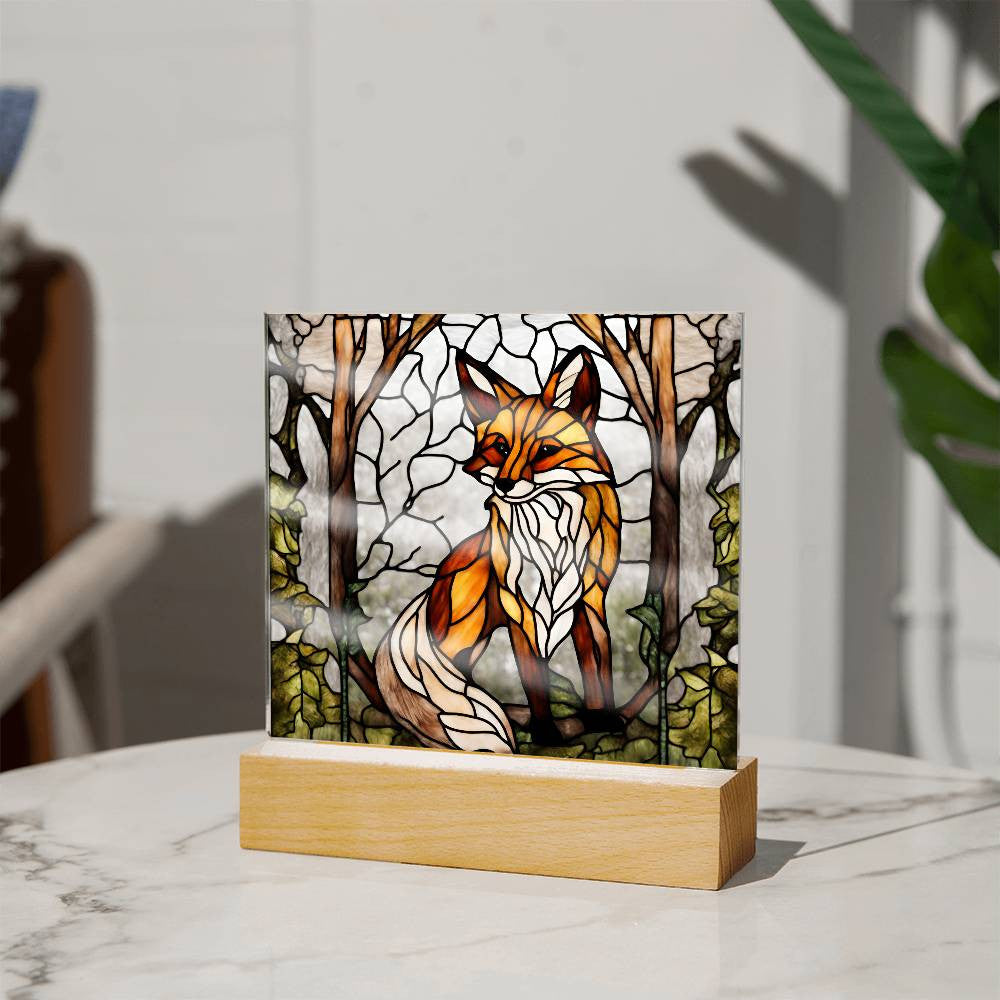 Acrylic Square Fox In The Woods Faux Stained Glass Acrylic Plaque Gift For Animal Lover Decoration For House LED Fox Nightlight Gift For Birthday Gifts-[product type]