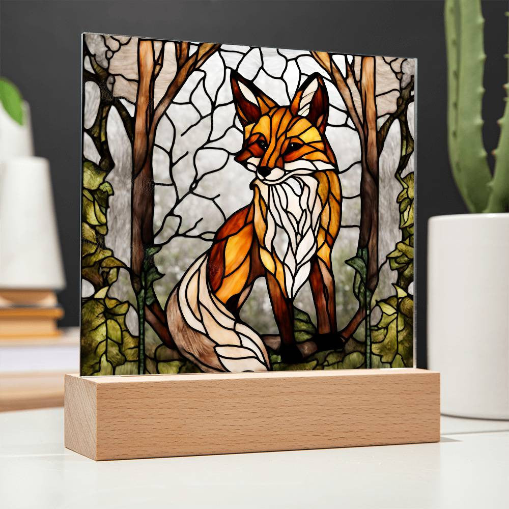 Acrylic Square Fox In The Woods Faux Stained Glass Acrylic Plaque Gift For Animal Lover Decoration For House LED Fox Nightlight Gift For Birthday Gifts-[product type]