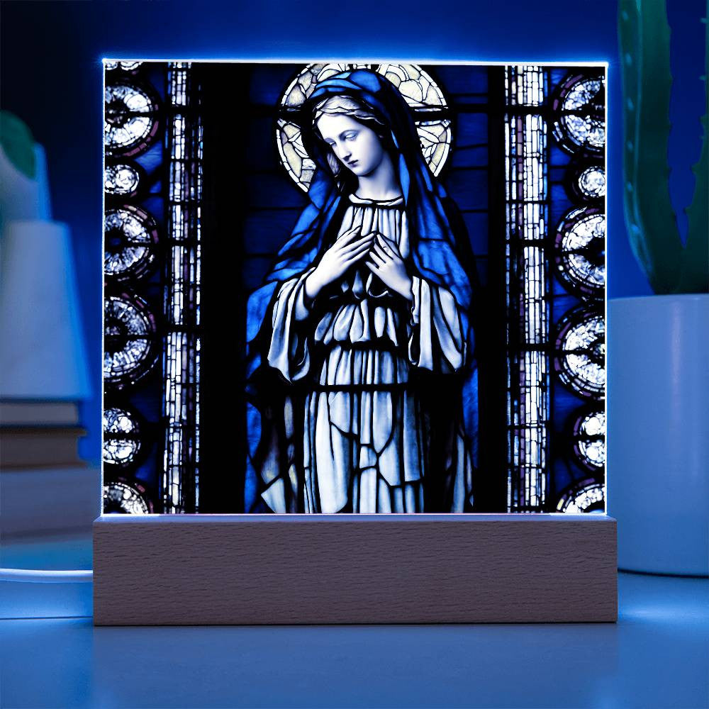 Faux Stained Glass Virgin Mary Acrylic Plaque, Virgin Mary Picture, LED Nightlight, Religious Gift, Home Decor, Catholic Gift, Square Plaque-[product type]