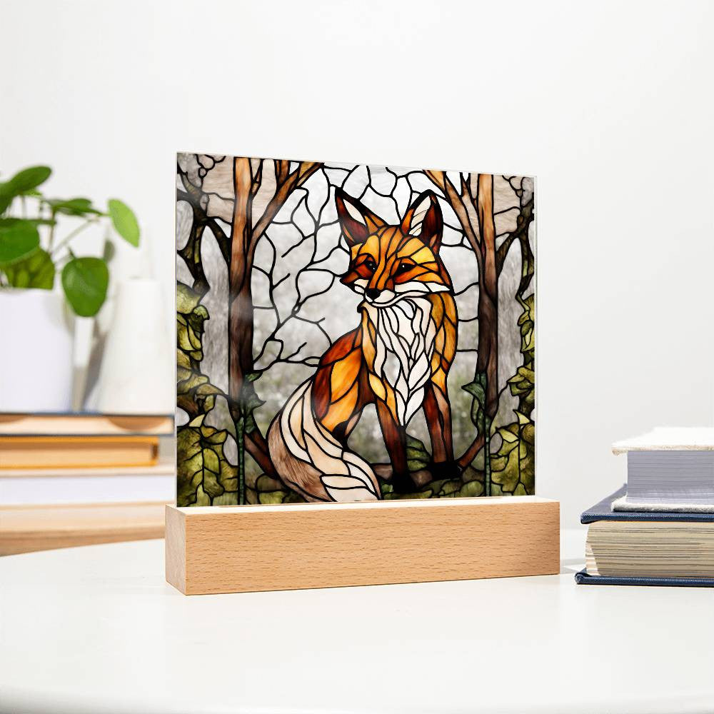 Acrylic Square Fox In The Woods Faux Stained Glass Acrylic Plaque Gift For Animal Lover Decoration For House LED Fox Nightlight Gift For Birthday Gifts-[product type]